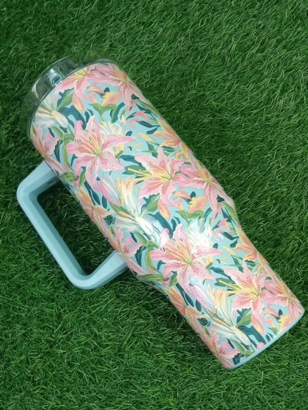 ⛱️🍒 Floral Insulated Travel Mug with Handle - Pink & Light Blue